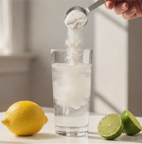 Fortisana Pulver wird in ein Glas Wasser geruehrt