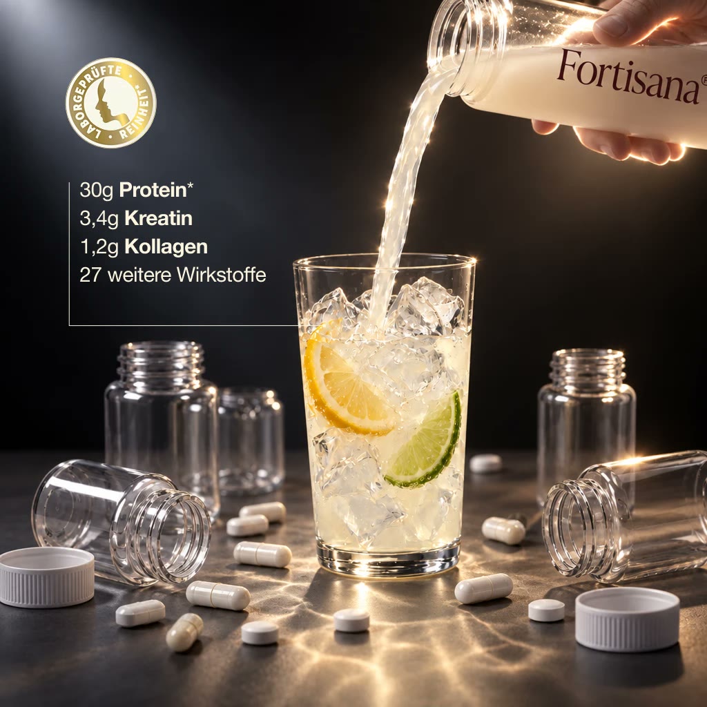 Fortisana wird in ein Glas mit Eis, Zitrone und Limette gegossen: 30 g Protein, 3,4 g Kreatin, 1,2 g Kollagen, 27 weitere Wirkstoffe. Leere Pillendosen daneben.