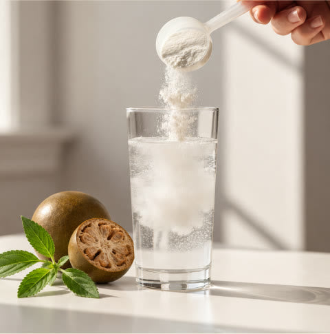 Fortisana Pulver loest sich im Glas, Moenchsfrucht und Stevia daneben
