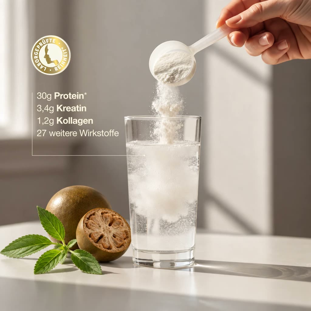 Fortisana Pulver loest sich im Glas, Moenchsfrucht und Stevia daneben: 30 g Protein, 3,4 g Kreatin, 1,2 g Kollagen, 27 weitere Wirkstoffe