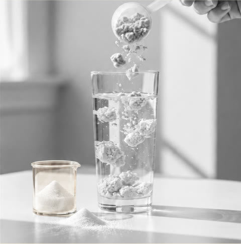 Gaengiger Proteinshake: klumpiges Pulver im Glas