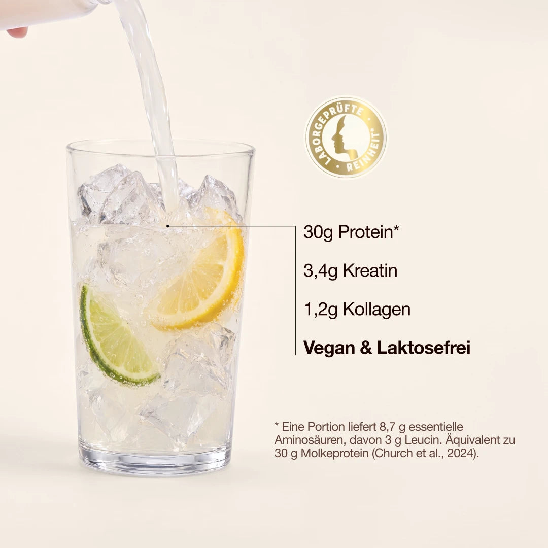 Fortisana im Glas: 30 g Protein, 3,4 g Kreatin, 1,2 g Kollagen, vegan und laktosefrei